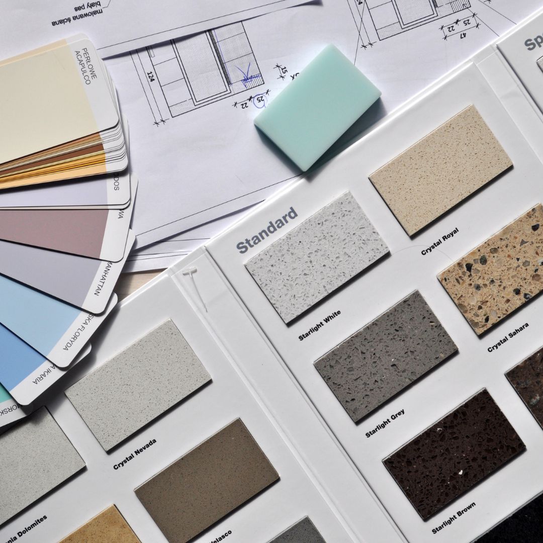 Paint and counter swatches on a blueprint.