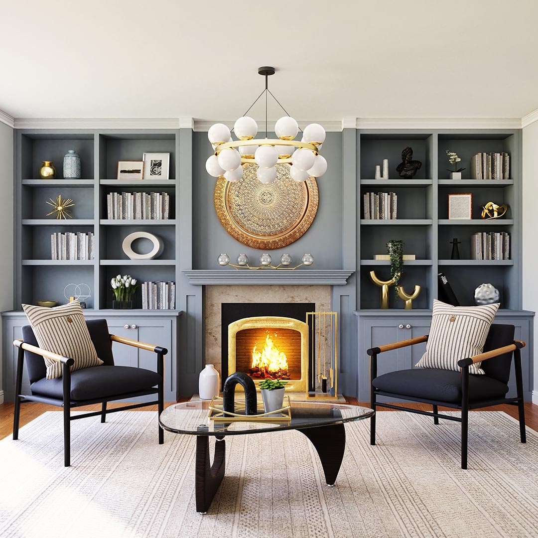 Decorated living room with chandelier and fireplace