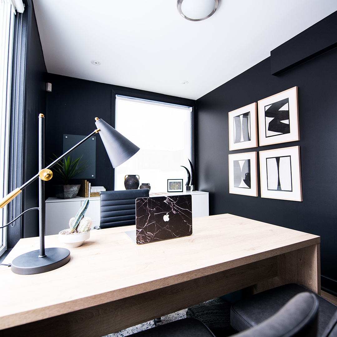 Office with black walls and accents