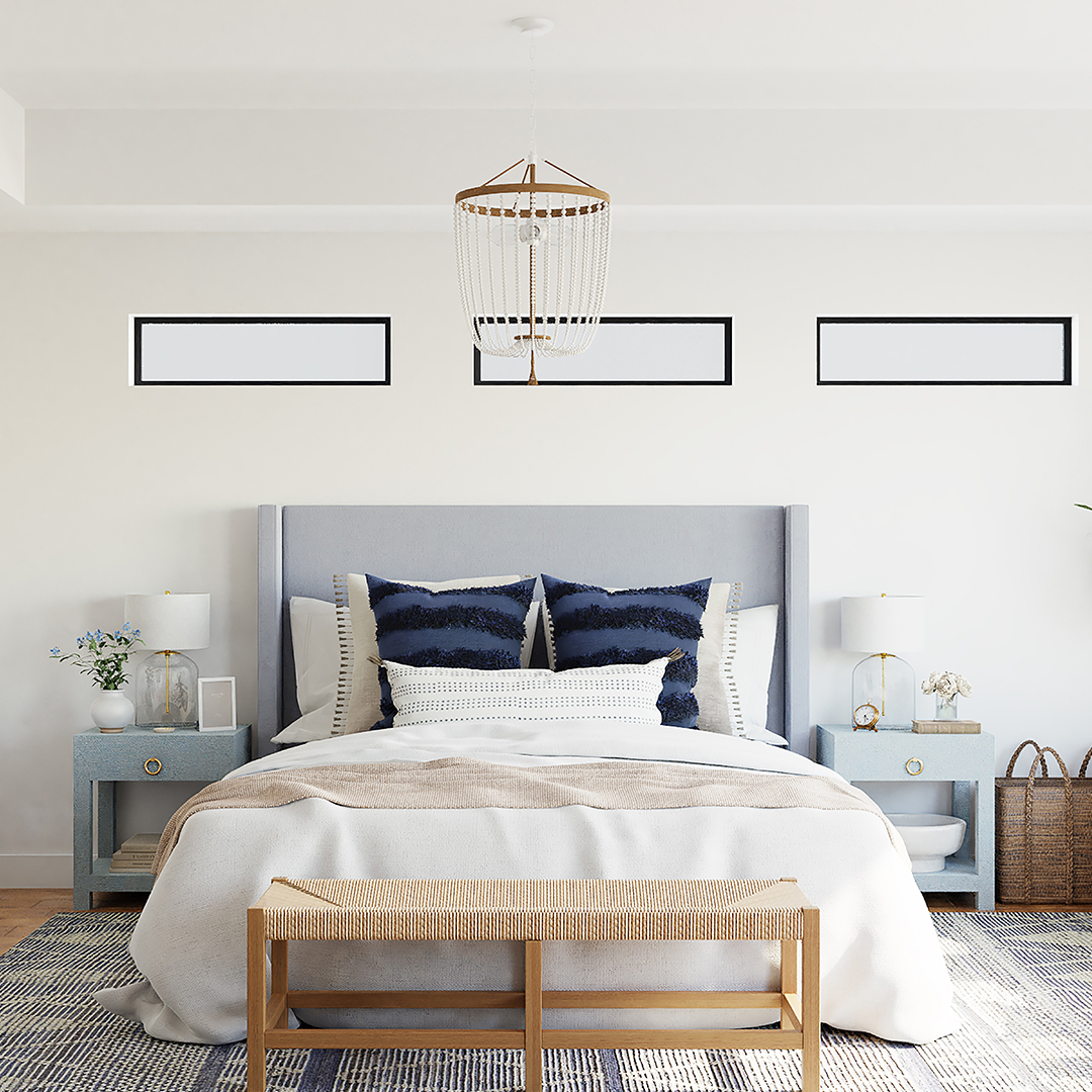 White bedroom with light gray and pastel blue furniture