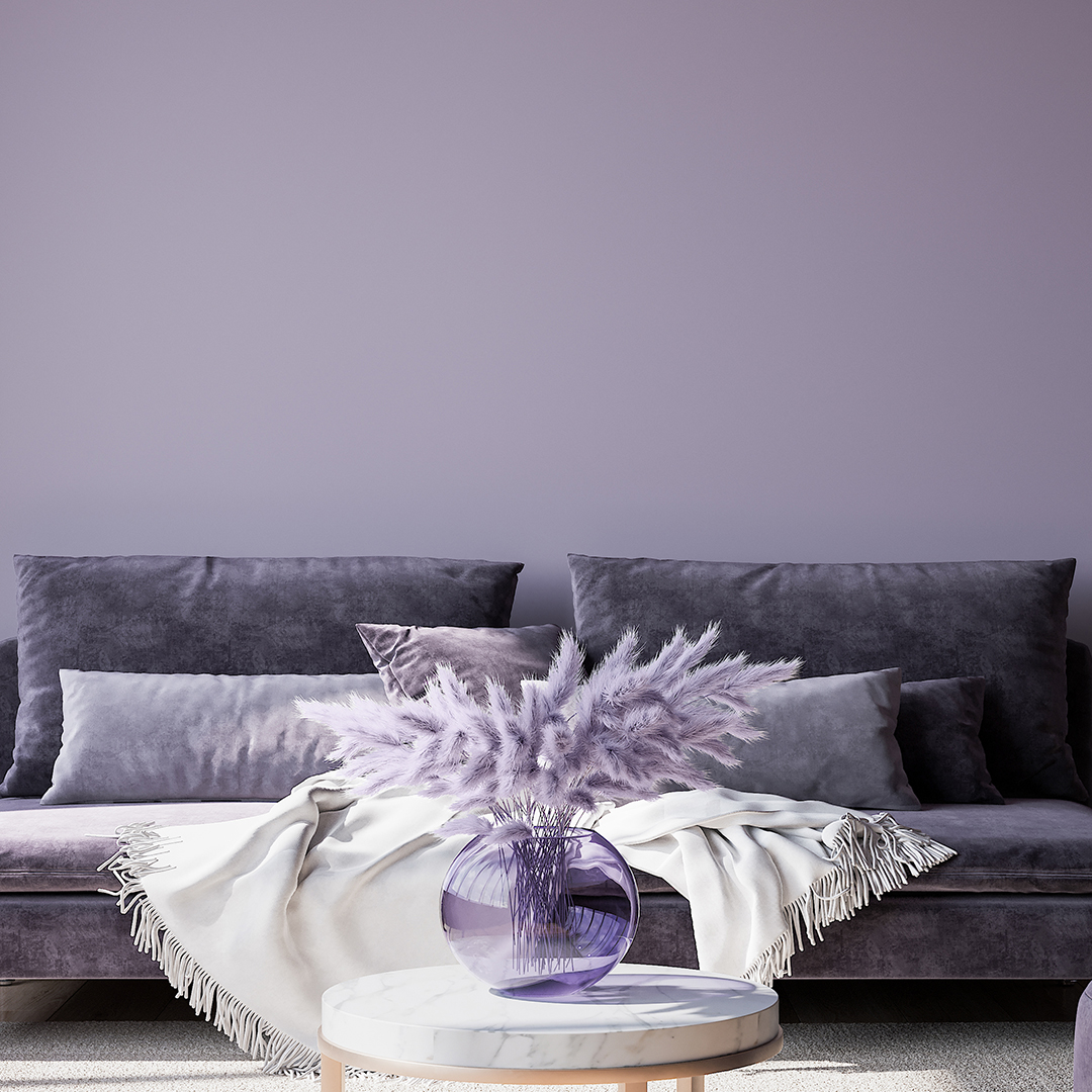 Living room with purple wall, purple sofa and purple decor